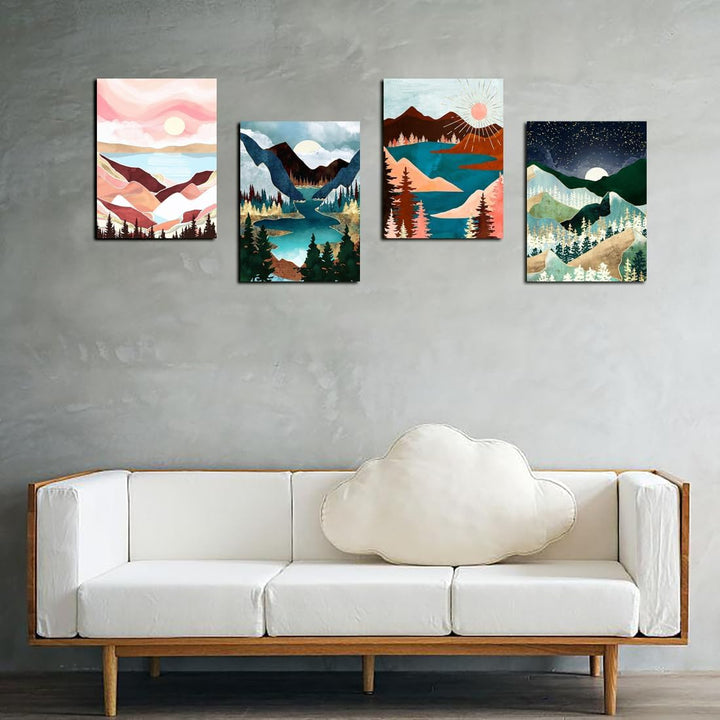 Four landscape diamond paintings above sofa
