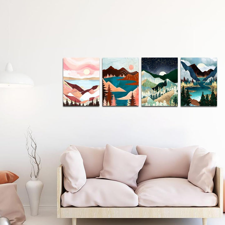Four landscape diamond paintings in a room