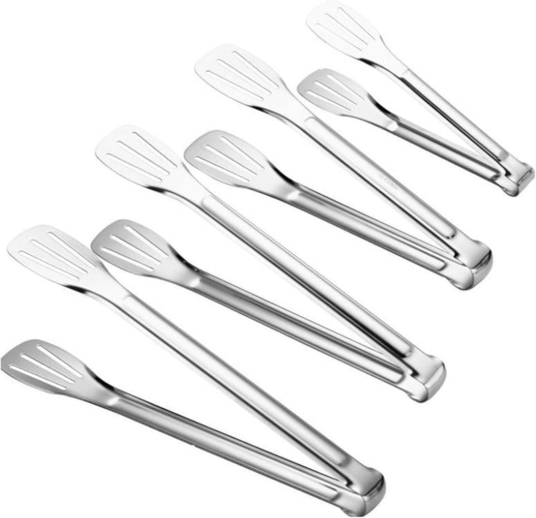 Four stainless steel serving tongs in graduated sizes
