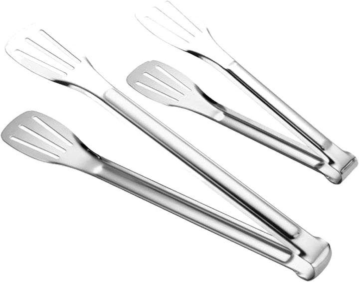 Two stainless steel serving tongs in 7 and 12 inch sizes