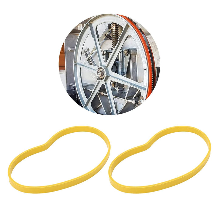 Pair of yellow bandsaw tires with wheel