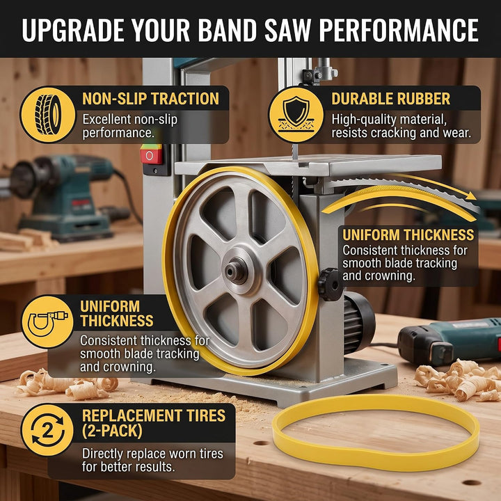 Yellow tire fitted to bandsaw wheel