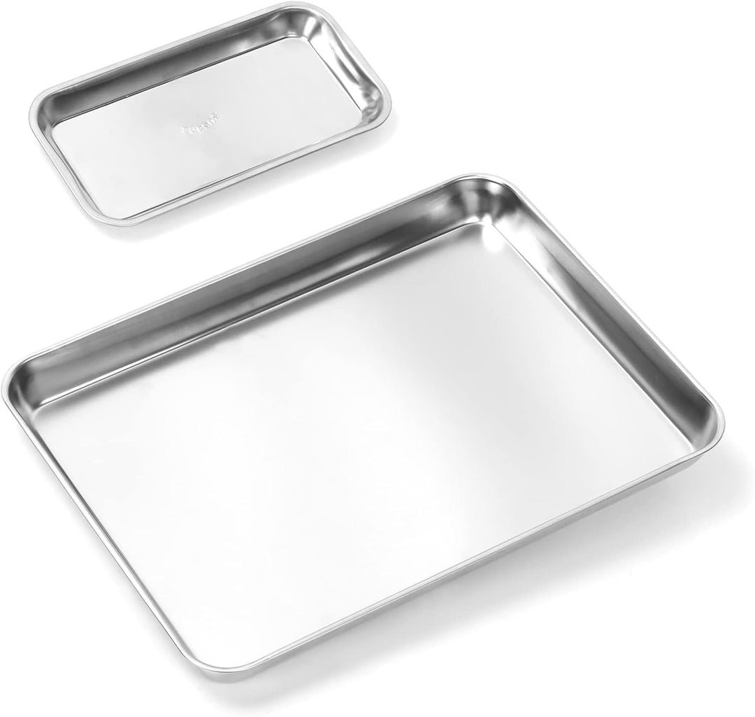 two stainless steel rectangular trays, large and small
