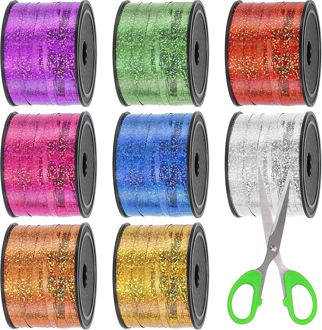 Eight metallic curling ribbon spools with scissors