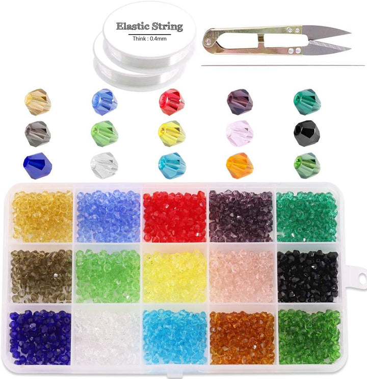 1800 glass bicone beads in 15 colours with string and tools
