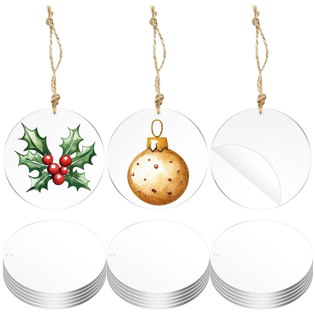 30 clear round acrylic discs with hanging holes and ornament examples