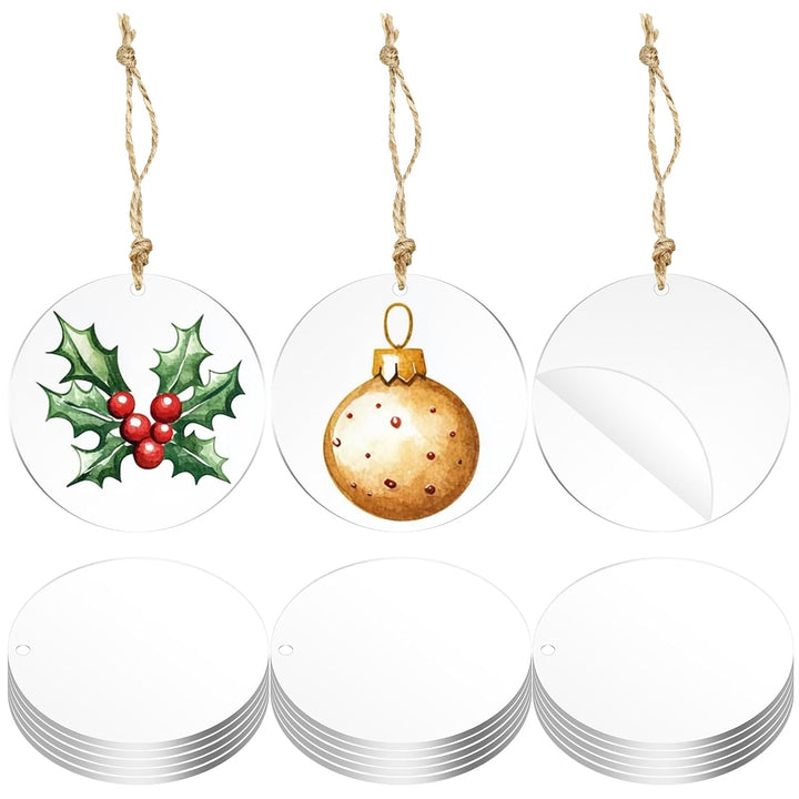 30 clear round acrylic discs with hanging holes and ornament examples