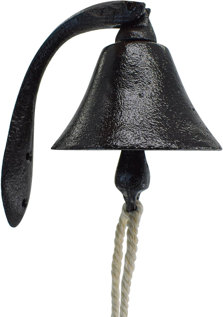 Black cast-iron wall-mounted dinner bell with rope, view 1