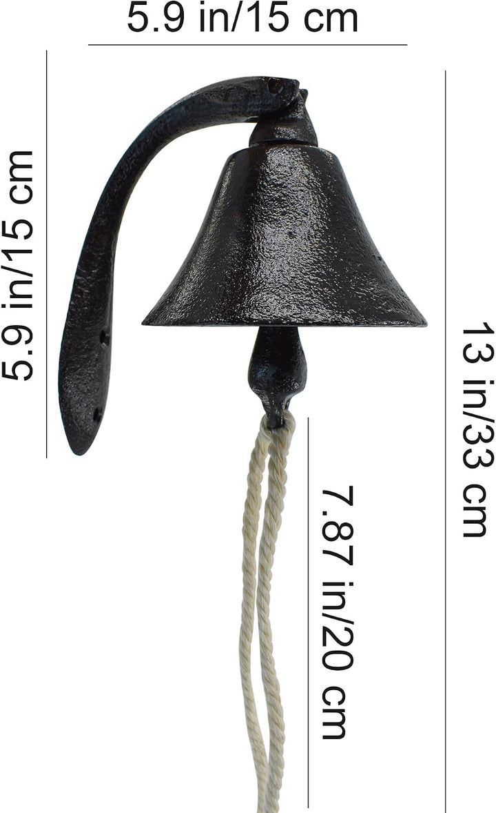 Black cast-iron wall-mounted dinner bell with rope, view 2