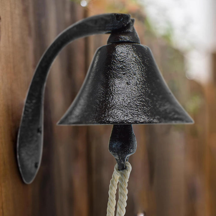 Black cast-iron wall-mounted dinner bell with rope, view 4