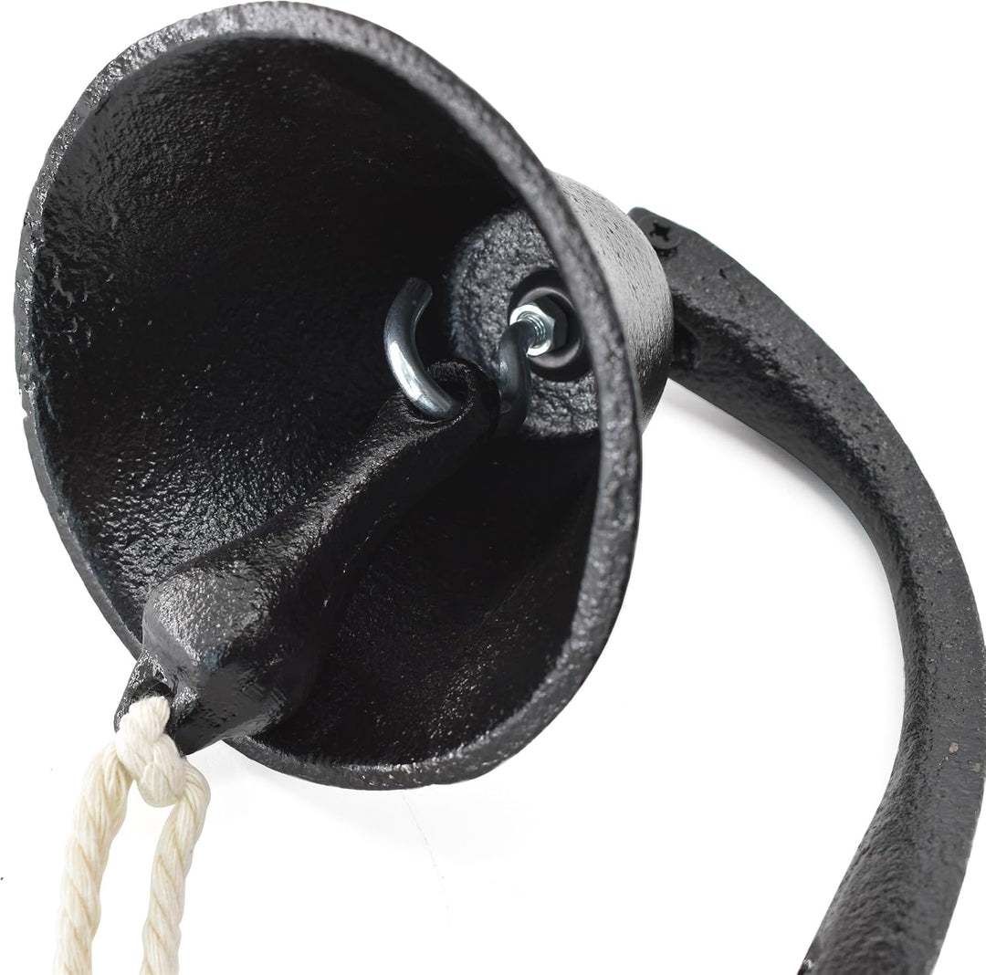 Black cast-iron wall-mounted dinner bell with rope, view 5