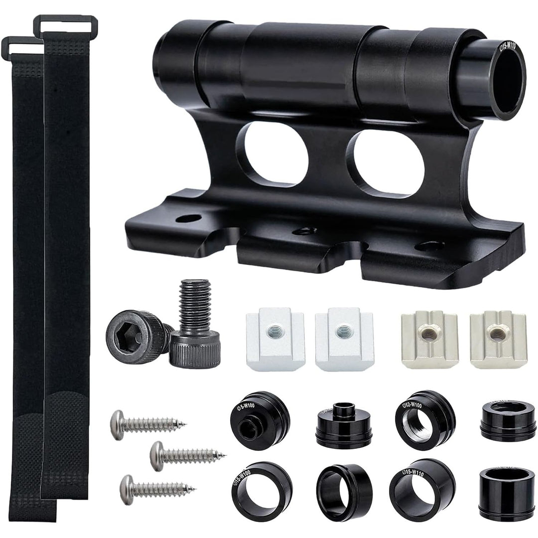 black bicycle fork mount with adapters, straps and mounting hardware