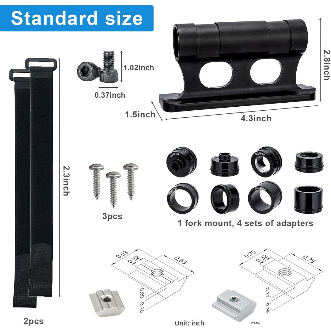 bicycle fork mount kit size guide with adapters and straps