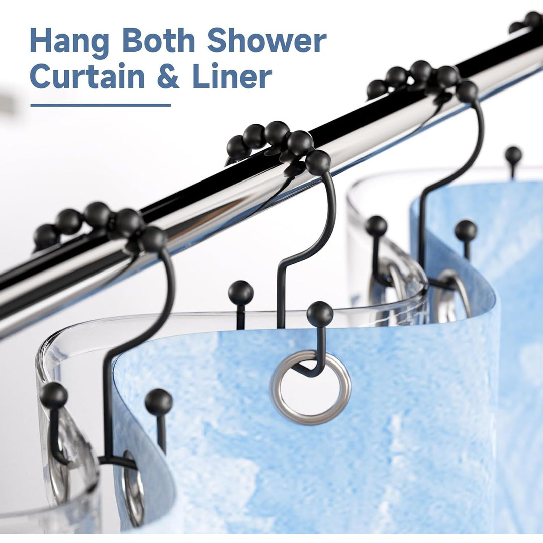 black double shower hooks holding curtain and liner