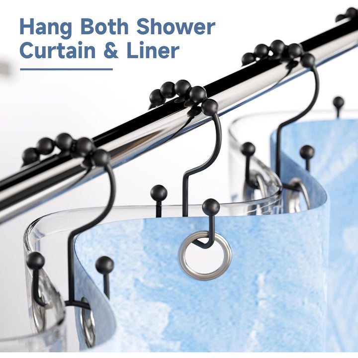 black double shower hooks holding curtain and liner