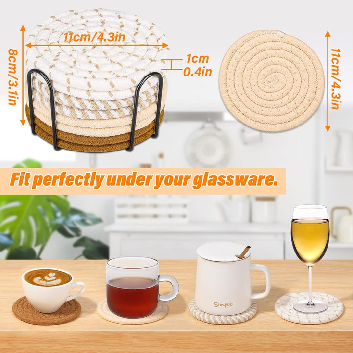 4.3-inch woven coaster dimension guide and drink examples