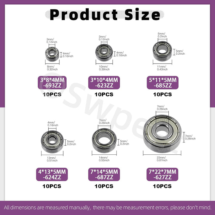 Six bearing sizes and dimensions, ten of each