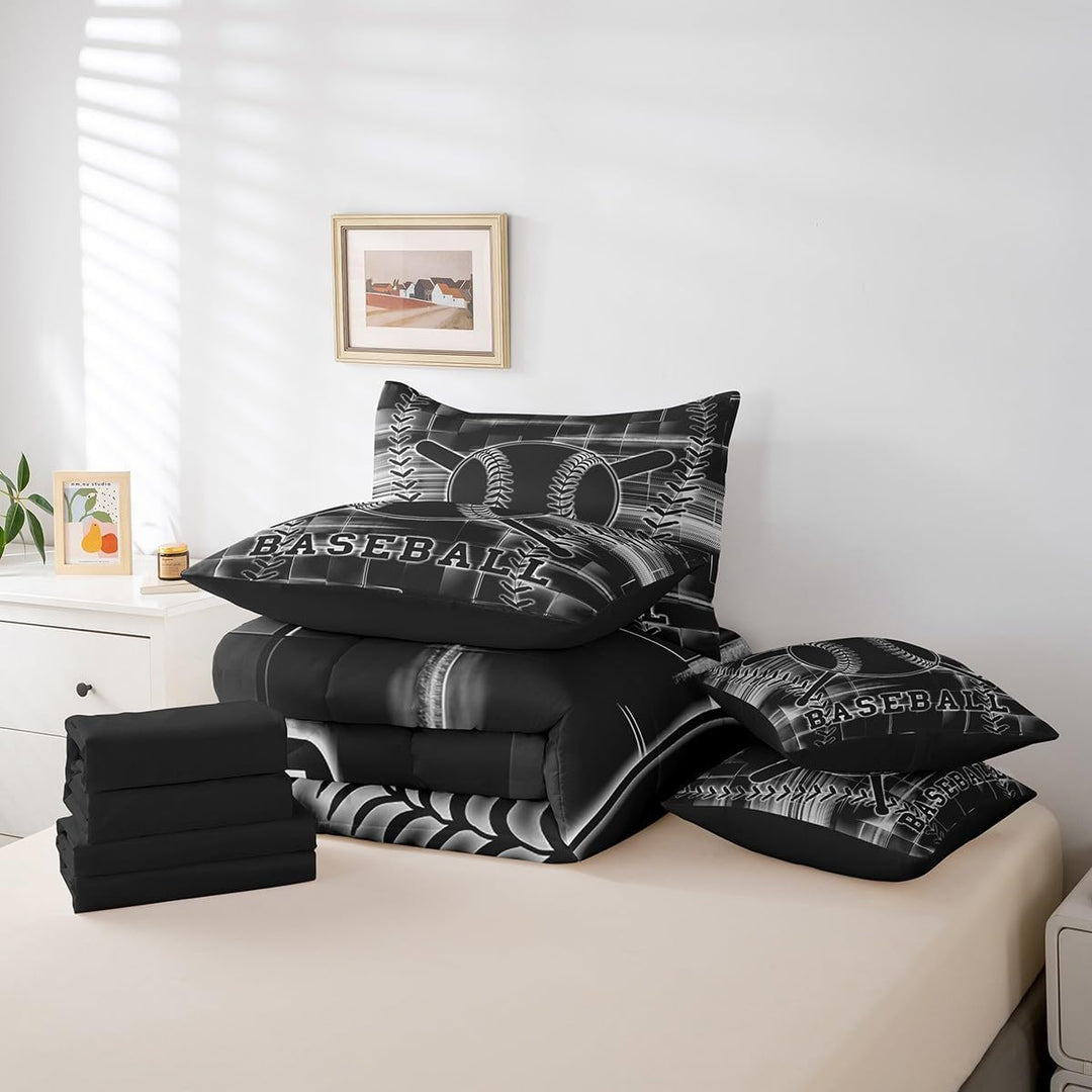 Folded contents of seven-piece baseball bedding set
