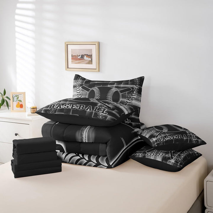 Folded contents of seven-piece baseball bedding set