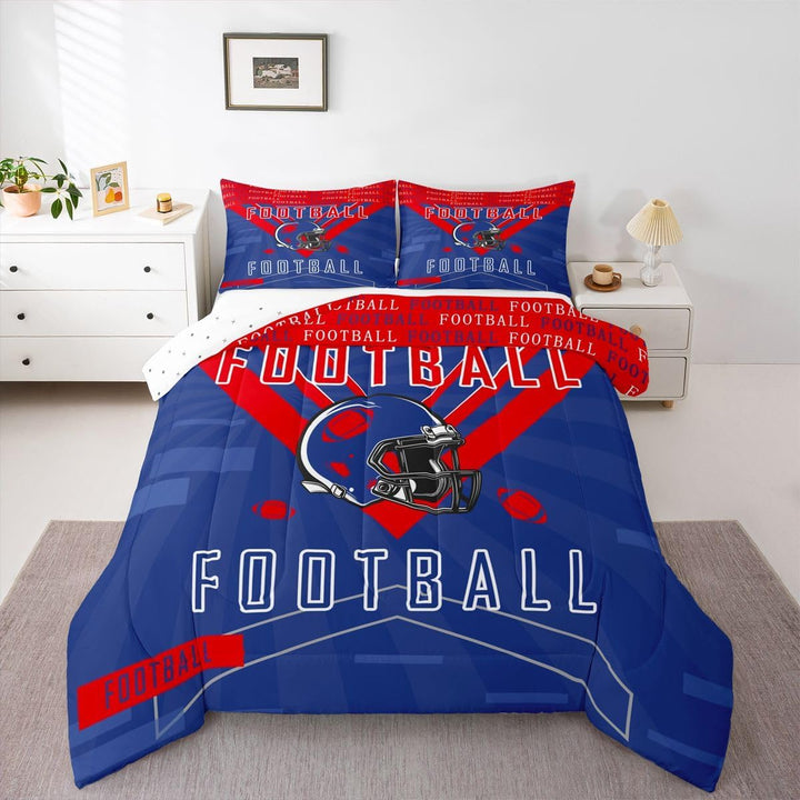 Red and blue football twin comforter on bed