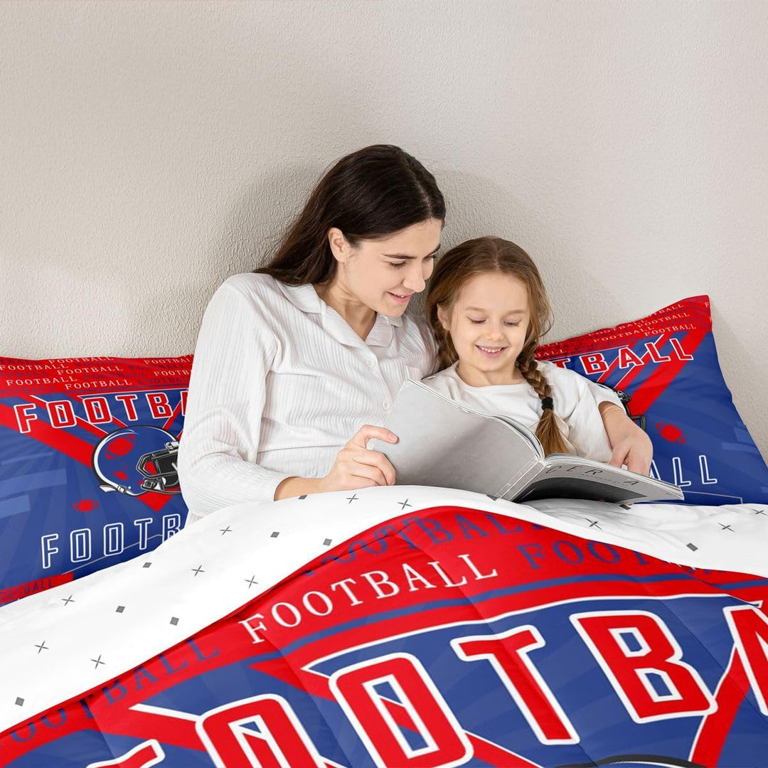 Red and blue football comforter close-up