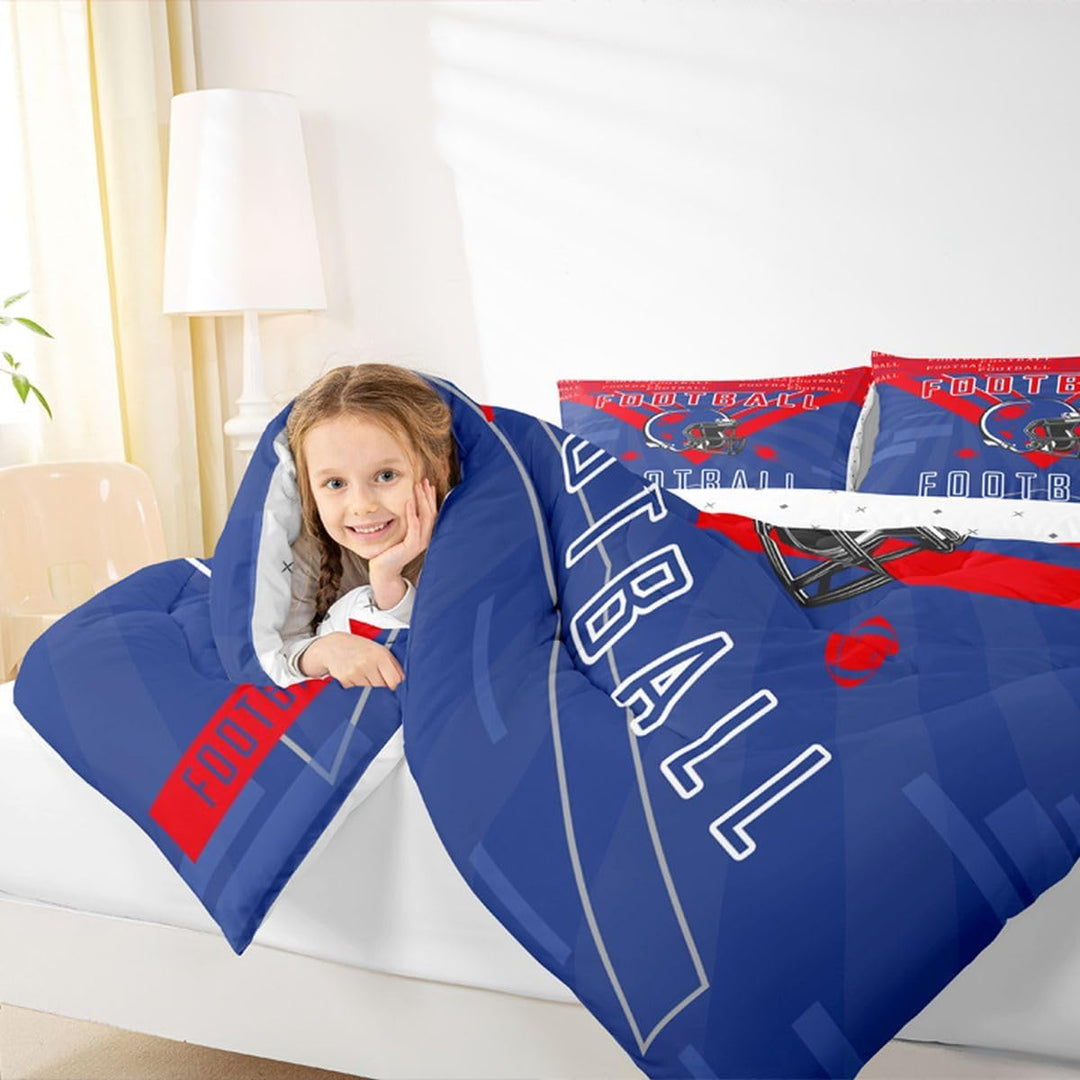 Football comforter and pillowcase in use