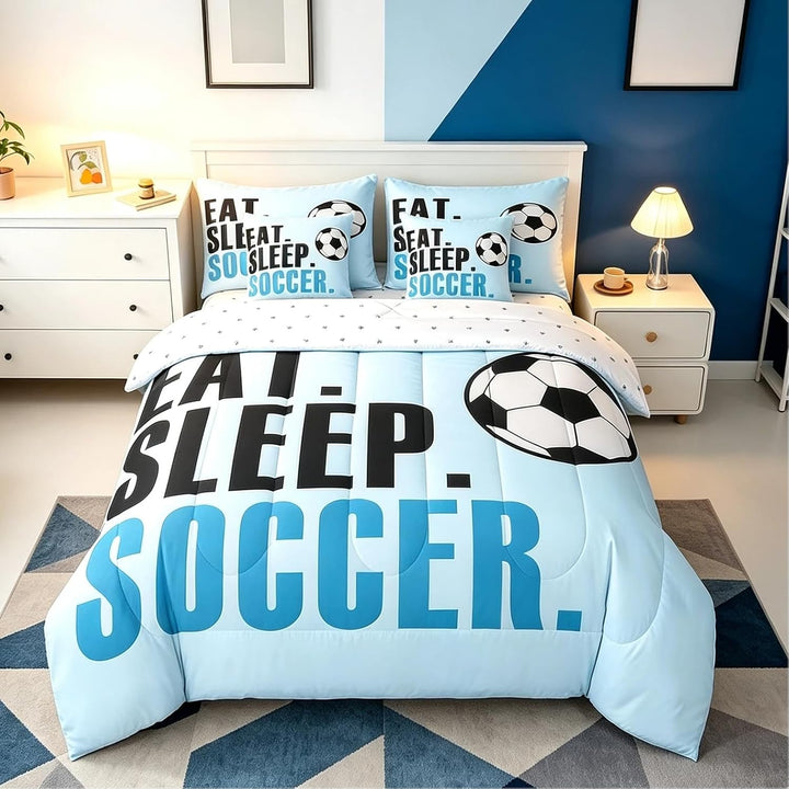 Light blue soccer twin comforter and bedding set, front view