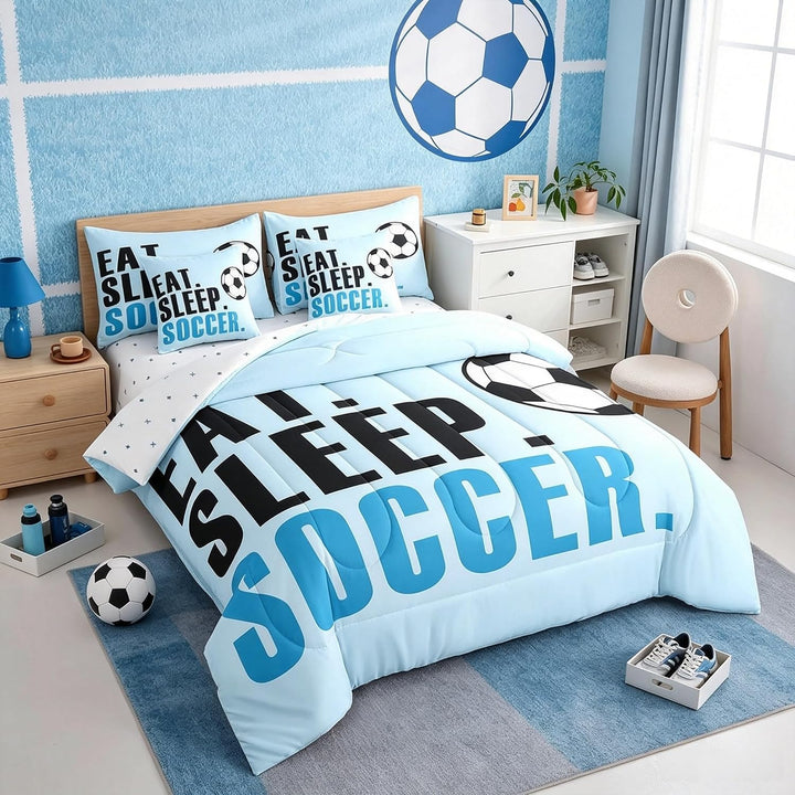 Light blue soccer twin bedding set in bedroom