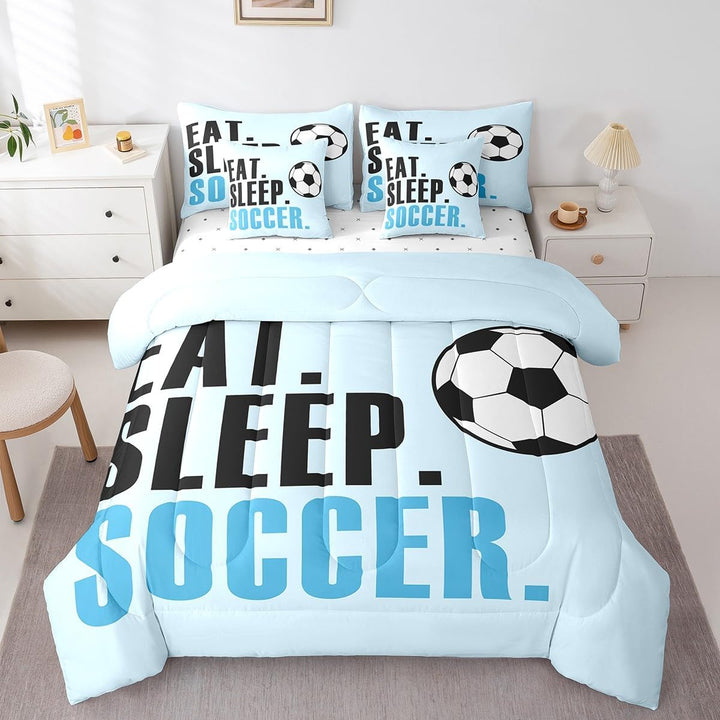 Soccer themed twin comforter and pillowcases, full view
