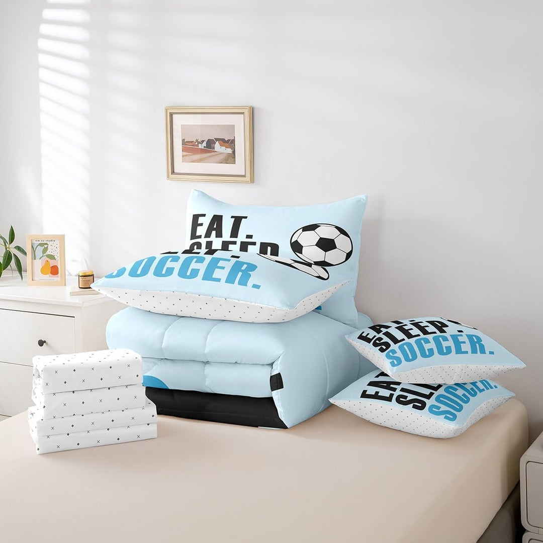 Comforter, sheets, pillowcases and cushion covers included in soccer twin set