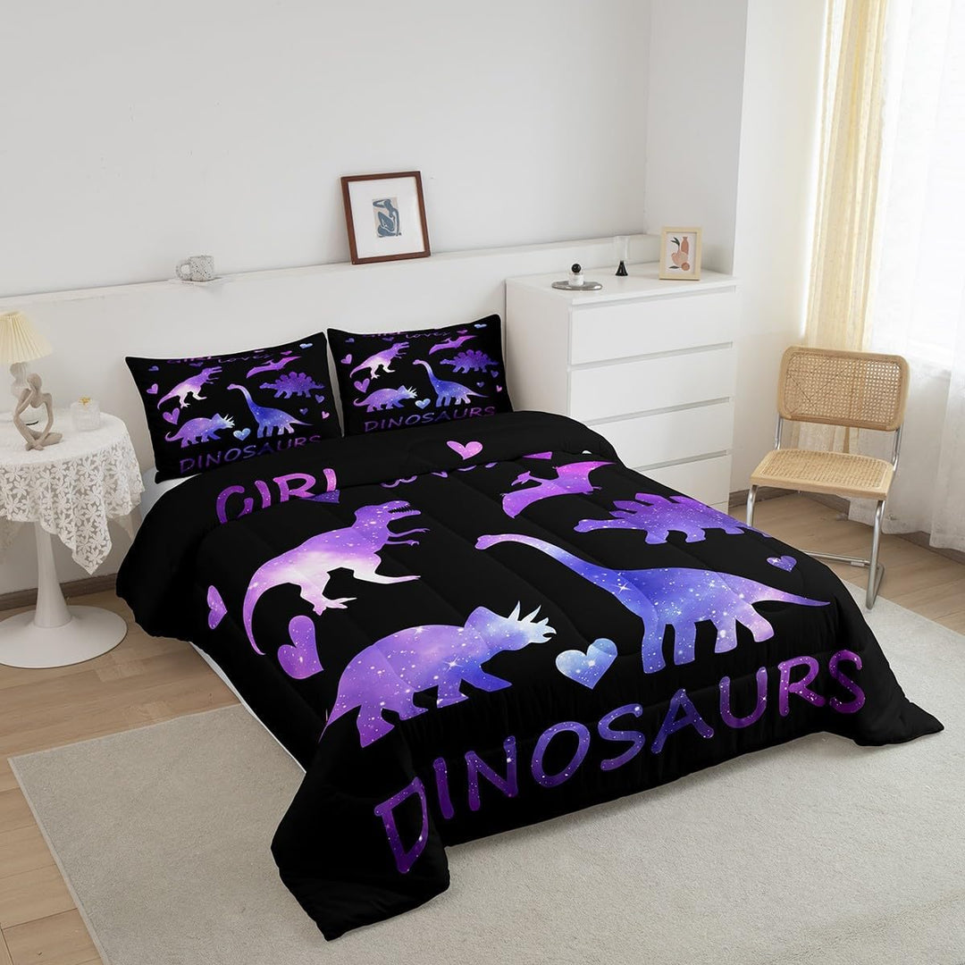Purple galaxy dinosaur full bedding set, angled room view