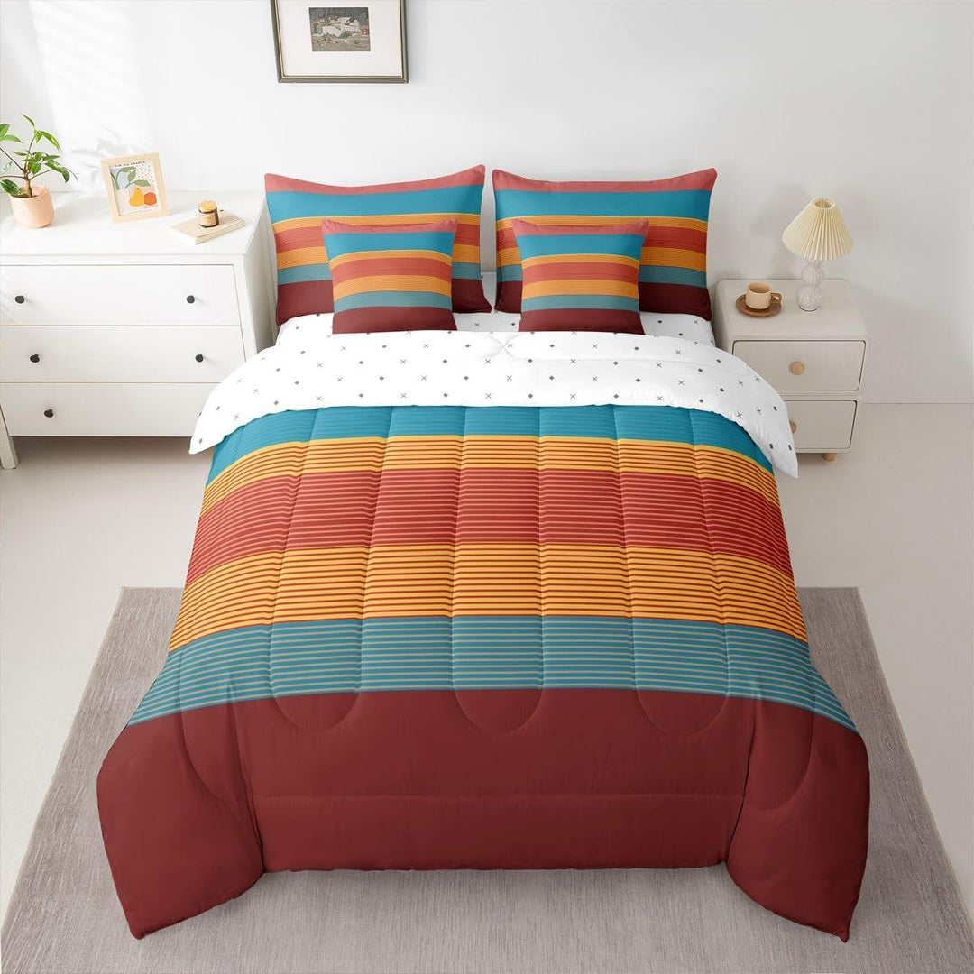 Rose red blue and orange striped twin comforter set, front view
