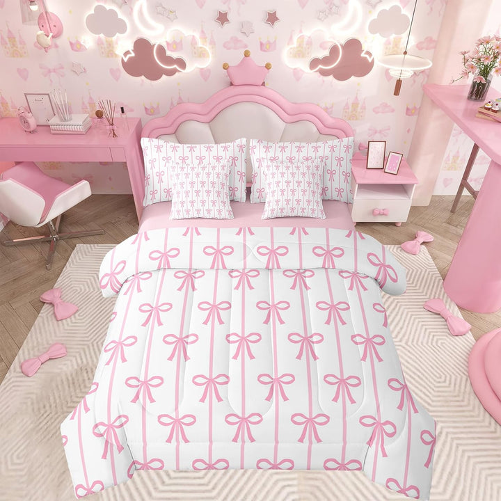 White and deep pink bow twin comforter set, front view