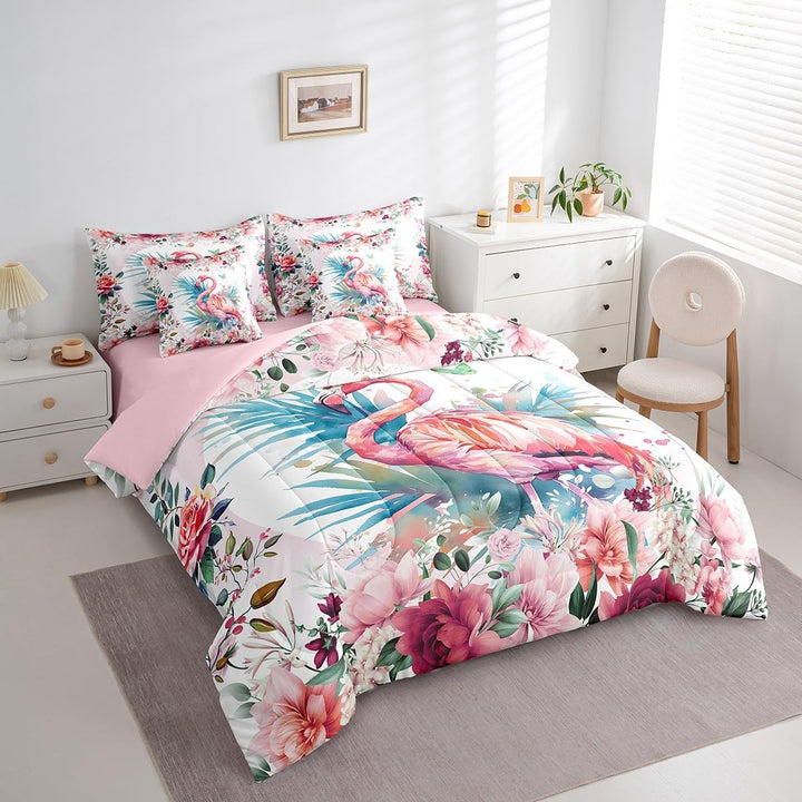 Flamingo twin bedding with comforter and pillows on bed