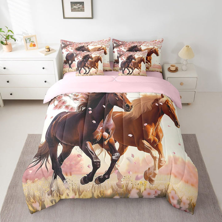 Cherry blossom horses twin comforter set, front view