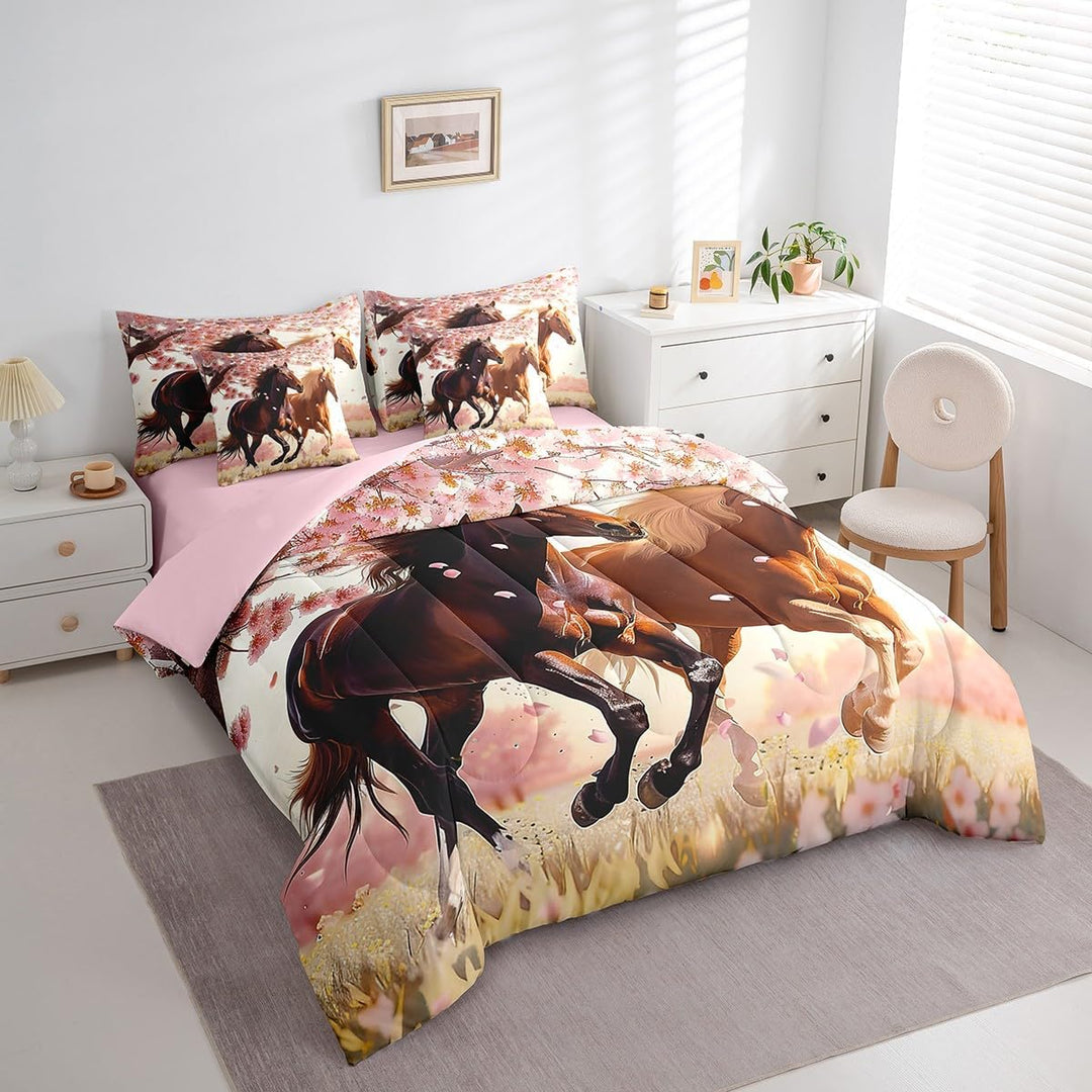 Horse and cherry blossom bedding set, angled view