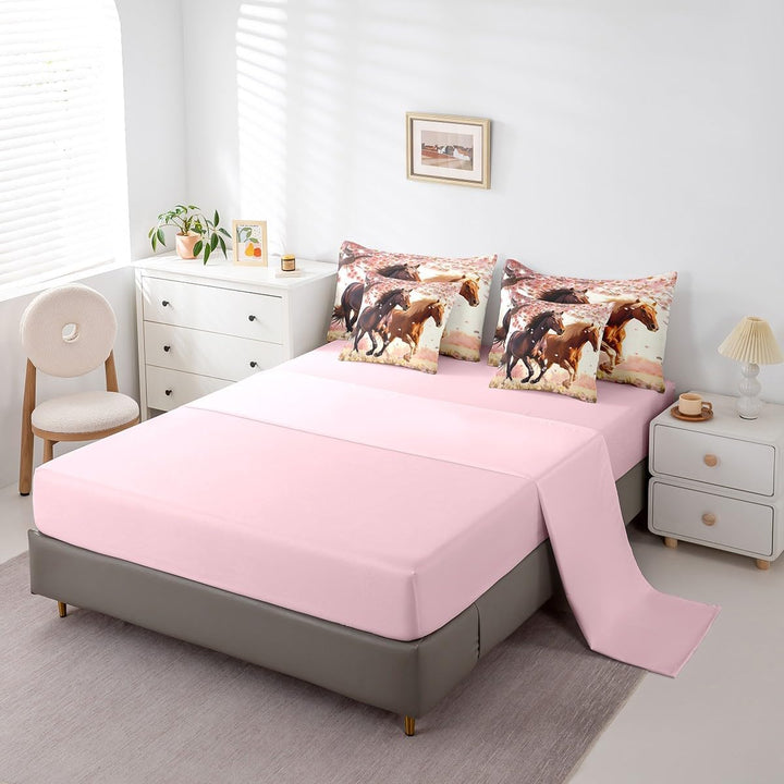 Pink fitted sheet and horse pillowcases