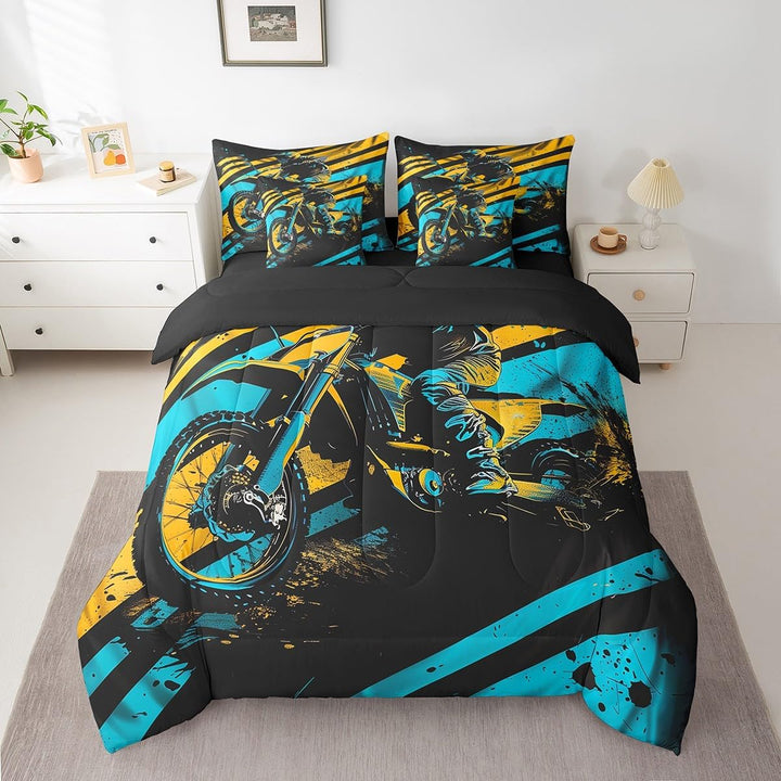 Black blue and yellow motocross queen comforter set, front view
