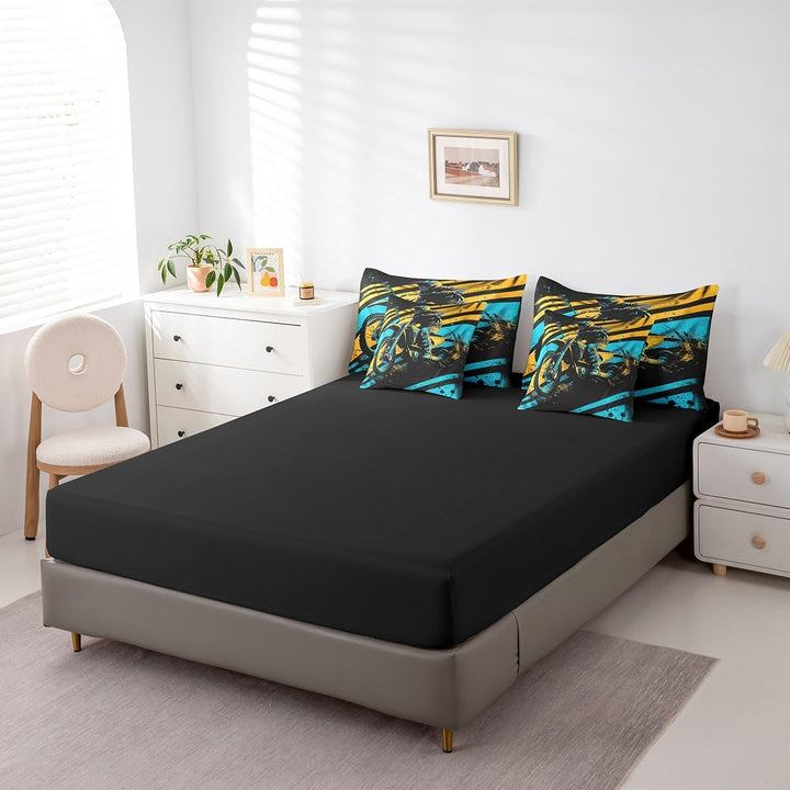 Black queen sheet set and motocross pillowcases