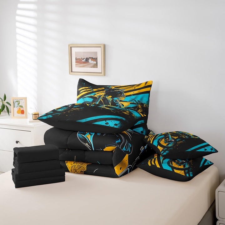 Seven motocross bedding pieces folded
