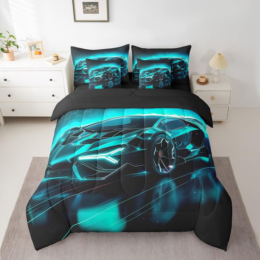 Black and light blue sports car full comforter set, front view