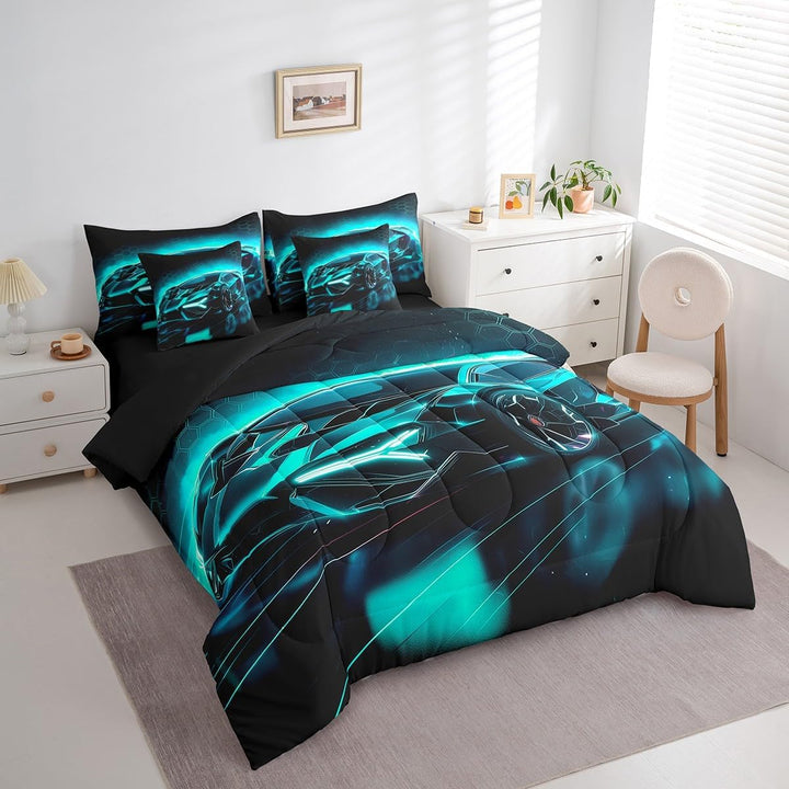 Sports car full bedding set on bed, side view
