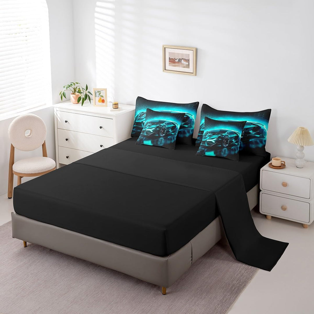 Black fitted sheet and car-print pillowcases
