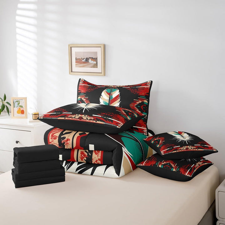 Seven feather bedding pieces folded