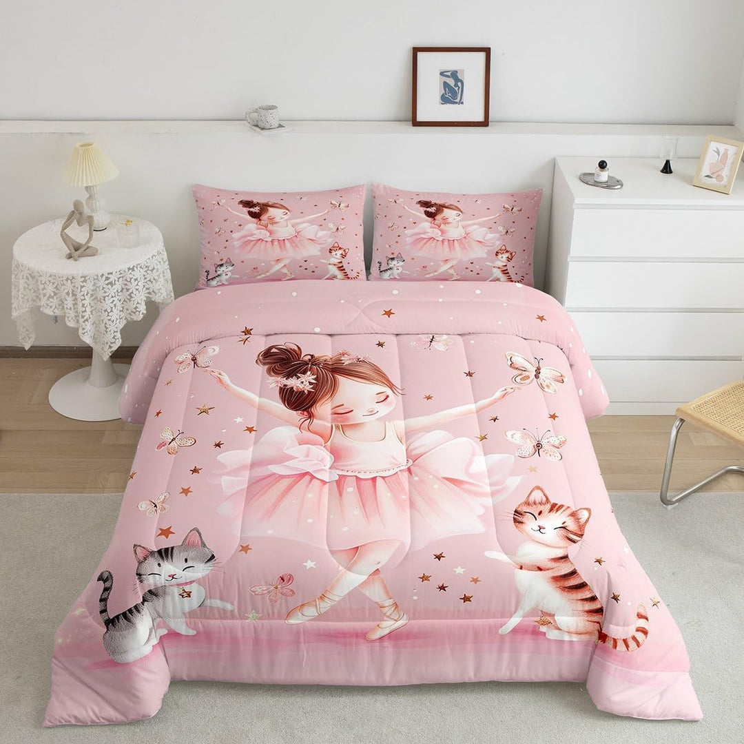Pink ballet dancer and kittens twin comforter set, front view