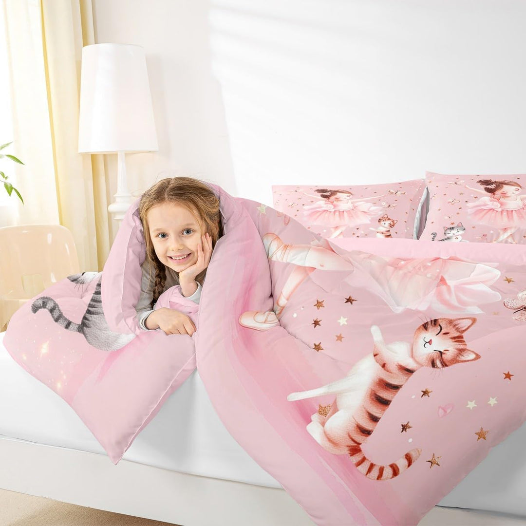 Pink ballerina and kitten comforter close-up