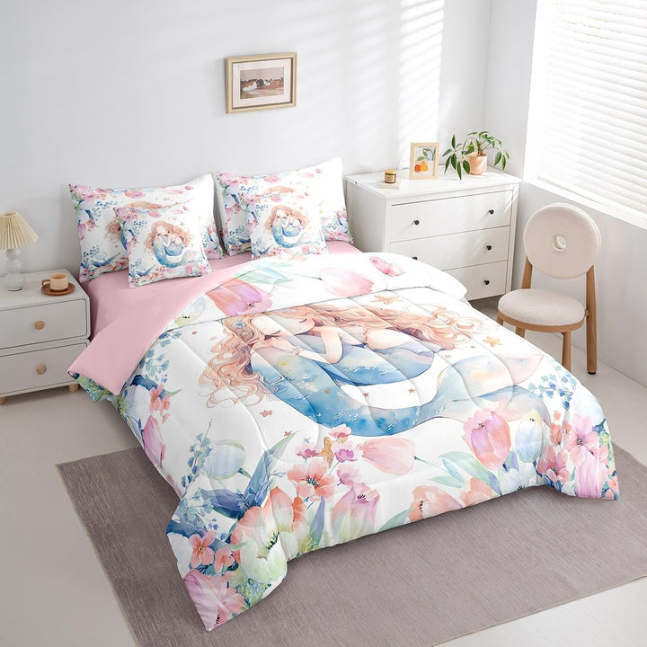 Mermaid floral twin bedding set on bed, side view