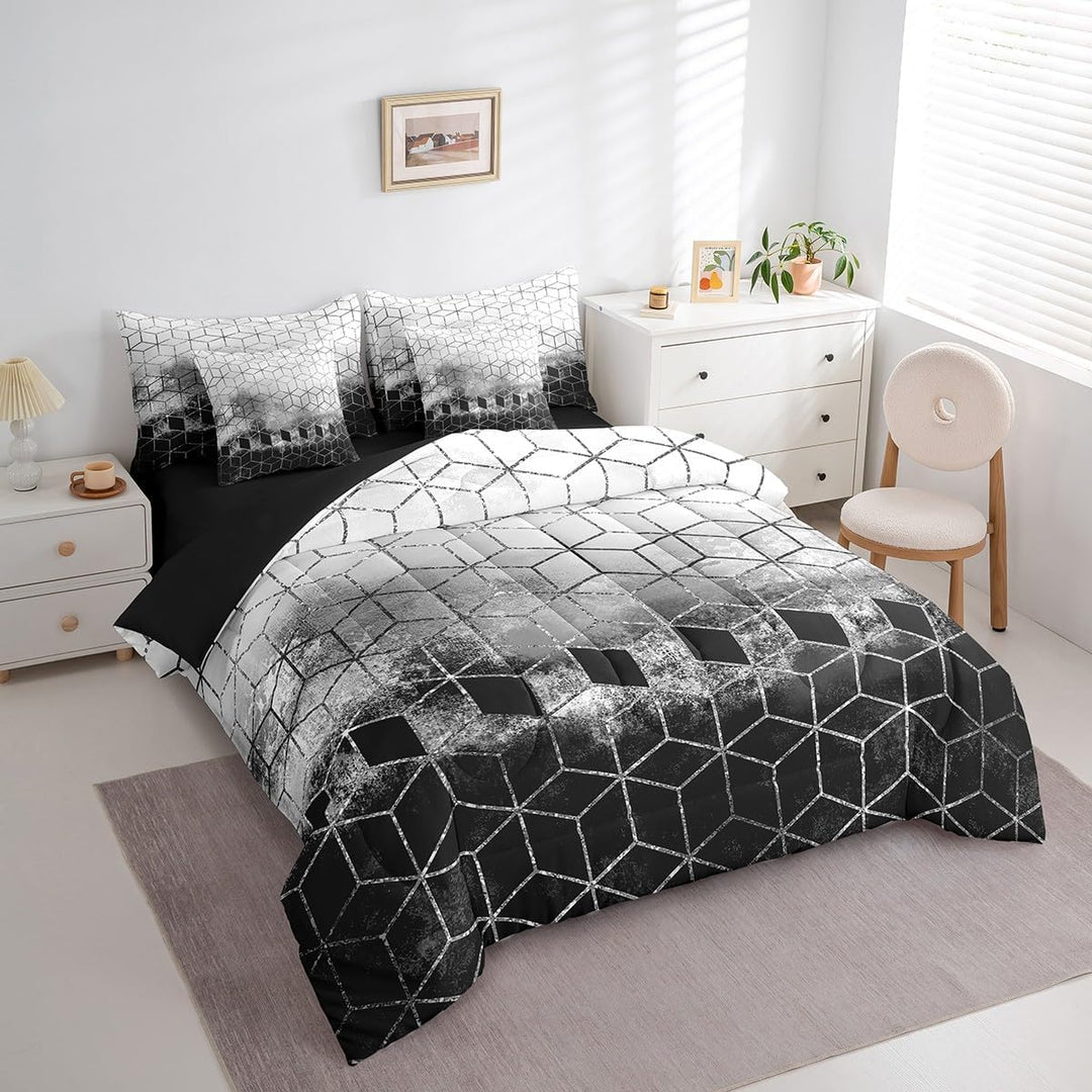Grey geometric king bedding set, side view