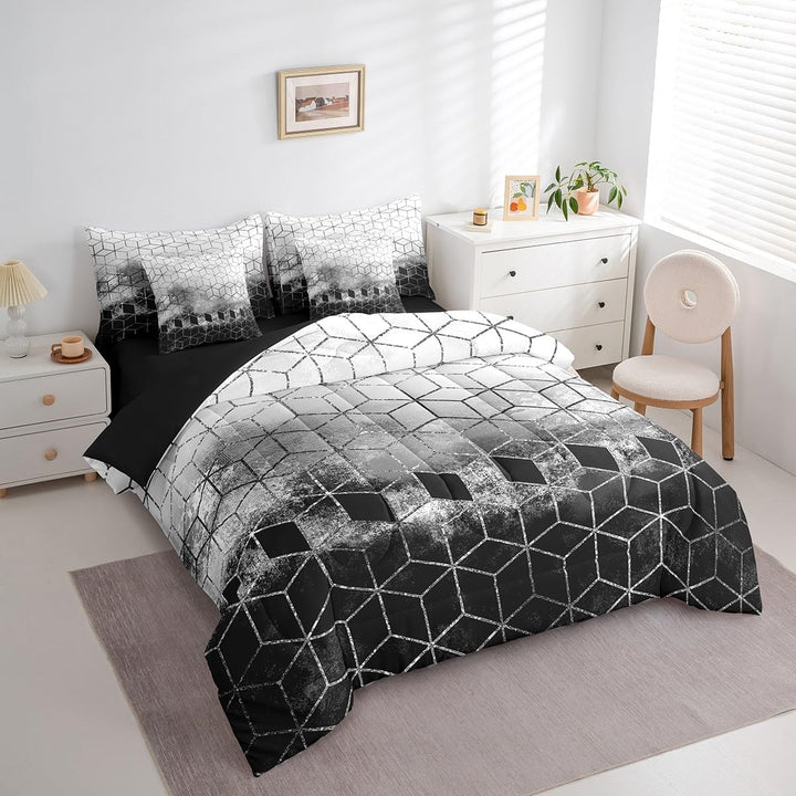 Grey geometric king bedding set, side view