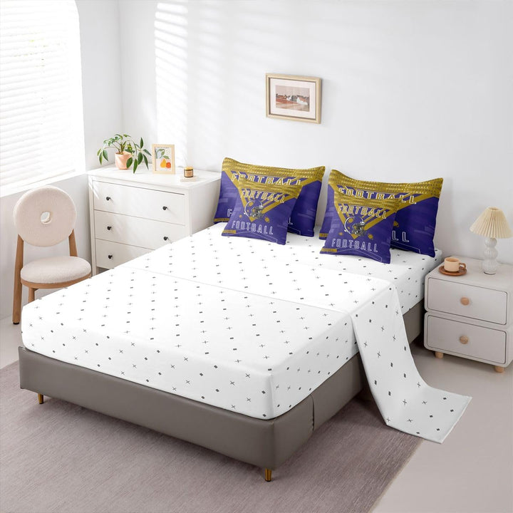 White fitted sheet with football pillowcases